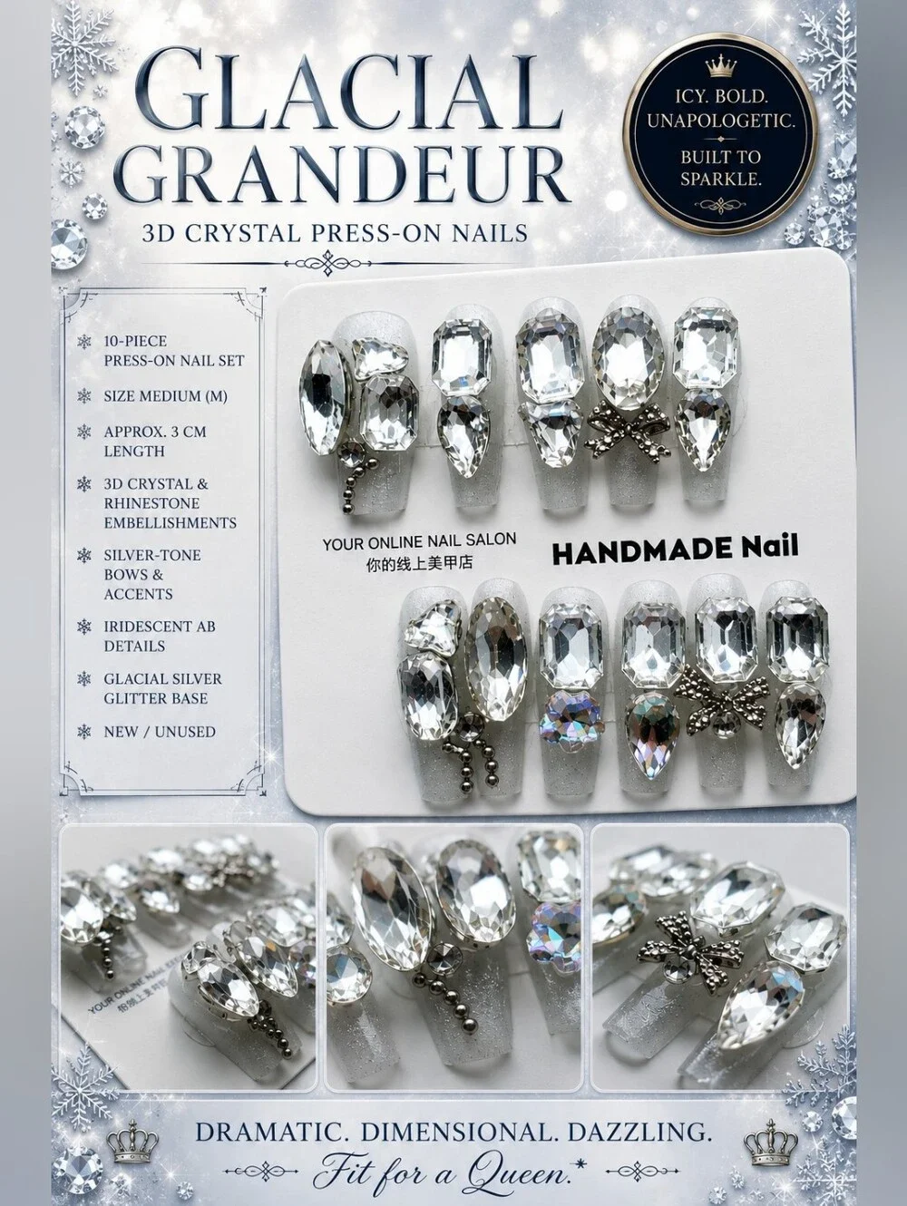 ❄️ Glacial Grandeur | 3D Crystal Press-On Nails